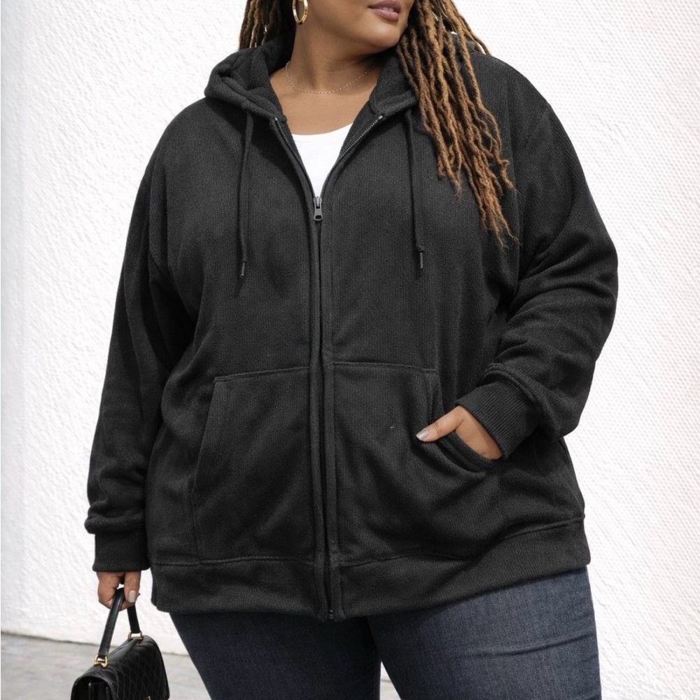 Mono B Boutique Black Hooded Zip-Up Velour Jacket 1X